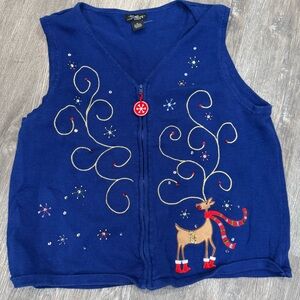 Blue Reindeer Embroidered vintage Christmas  Vest